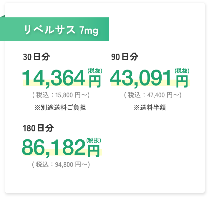 リベルサス 7mg 30日分14,364円(税抜)(税込：15,800円〜)※別途送料ご負担 90日分43,091円(税抜)(税込47,400円〜)※送料半額 180日分86,182円(税抜)(税込：94,800円〜)※送料無料